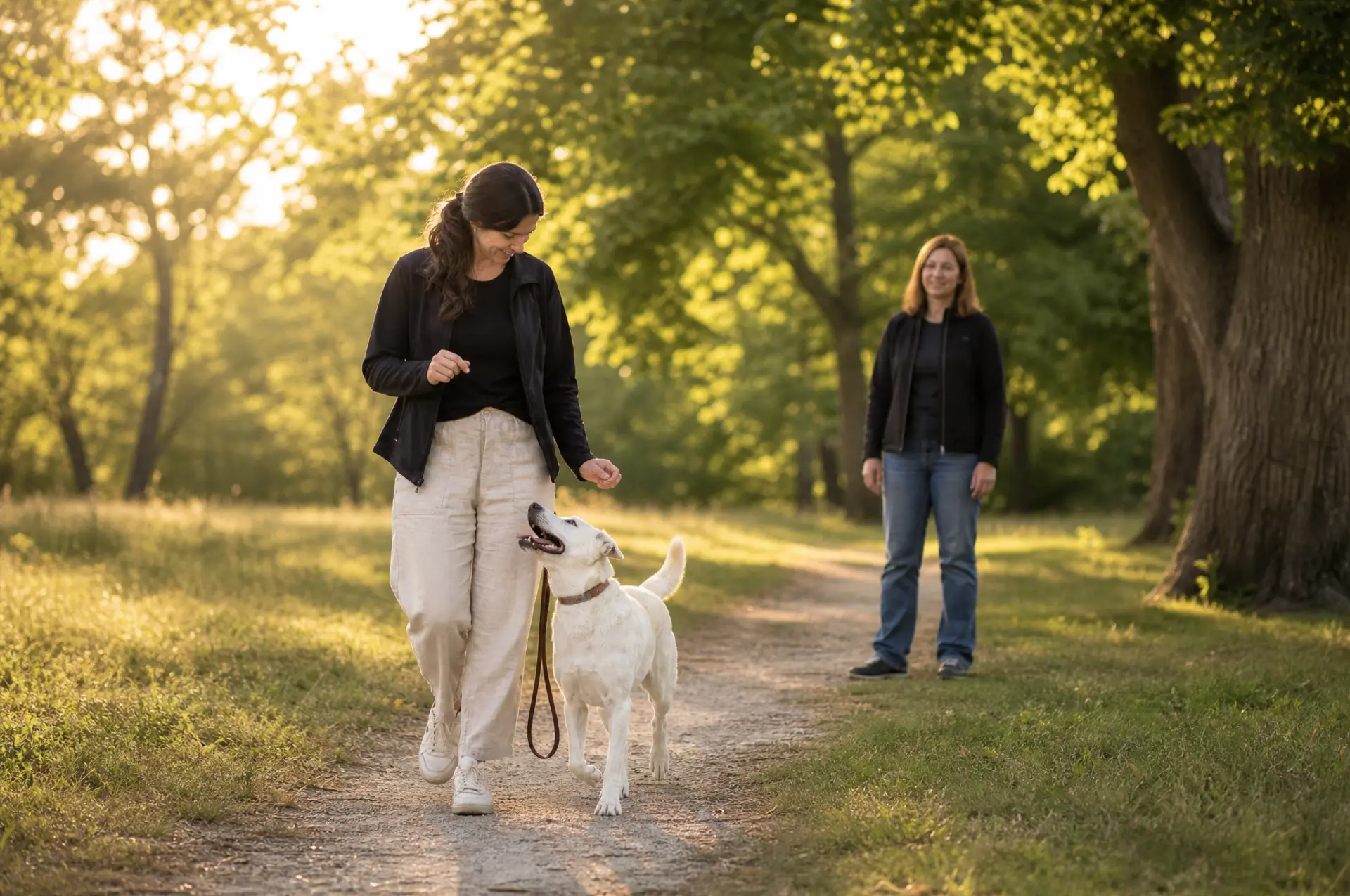 A handler keeping a dog's attention while walking past another person standing on the path