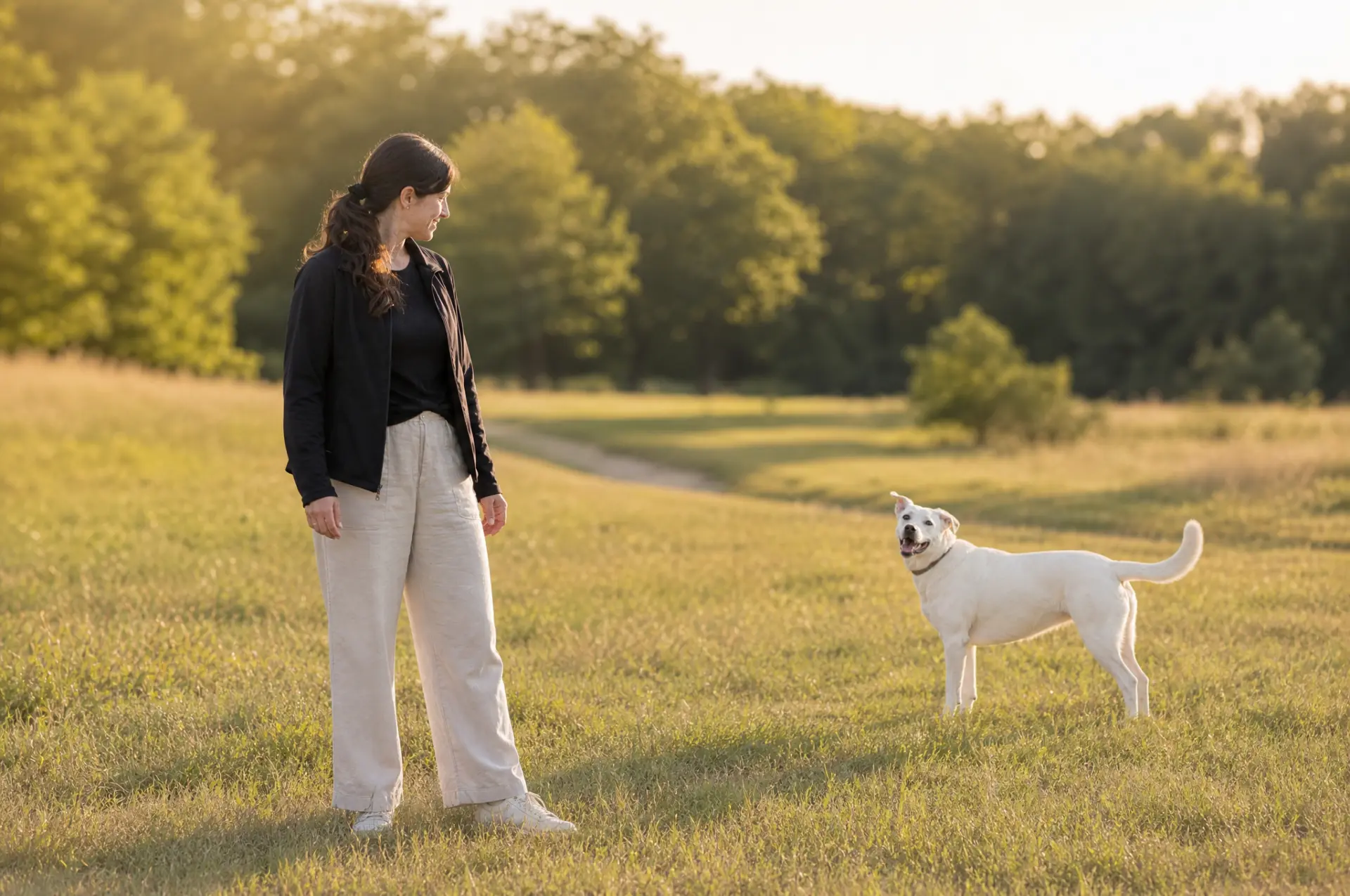 E-Collar and Off-Leash Training* — A handler and an attentive off-leash dog facing each other across an open field at sunset