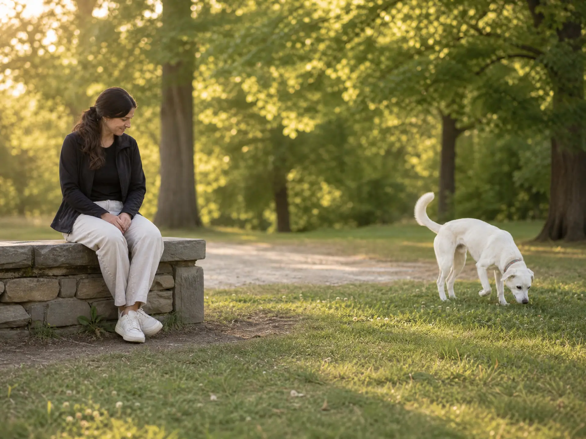A trainer seated quietly on a low stone wall observing a dog exploring the grass nearby