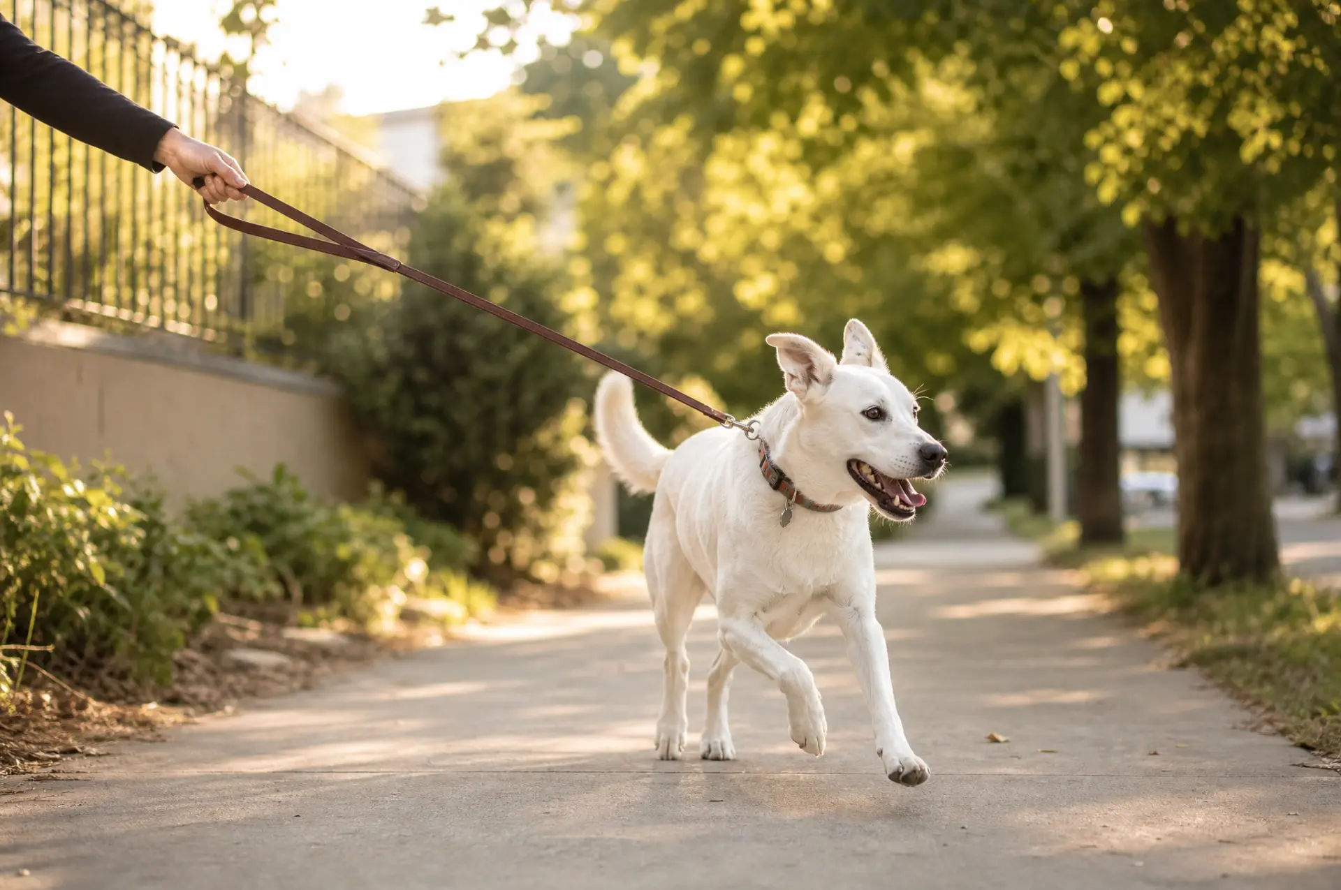 Behavioral Rehabilitation — A white dog moving forward on a leather leash along a walkway, its handler's arm extended behind